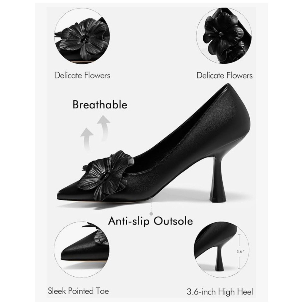 New Women's Elegant Black Pointed-Toe Heels With Flowers, Size 9 - Picture 6 of 6